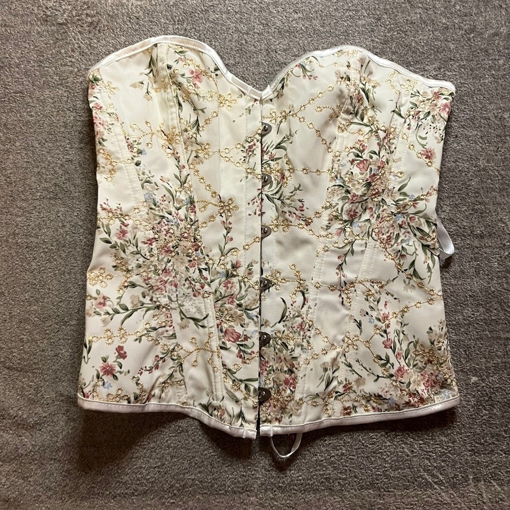 Floral Tapestry Corset Top Cream Pink Gold Embroidery Lace Up Back Bustier M
